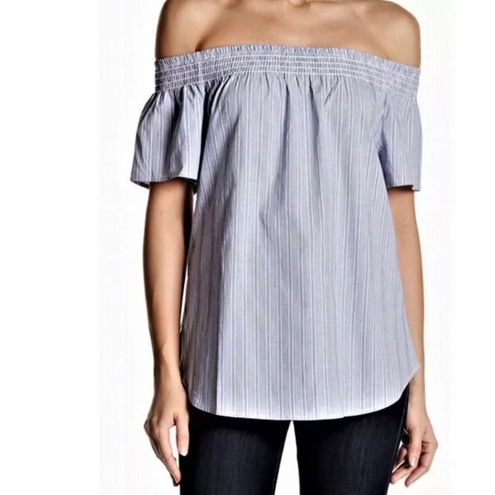 Como Vintage Smocked Off Shoulder Striped Blue Nautical Casual Blouse Size M